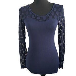 Boston Proper Navy Long Sleeve Top with Polka Dot Sleeves. Women XS (Size 4)